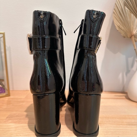 NEW Sam Edelman Black Patent Leather “Weslie” Heeled Boots Gold Buckle 7.5 - Picture 5 of 7
